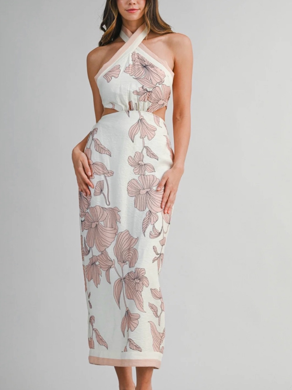Floral Cross-Neck Cutout Midi Dress - White & Blush
